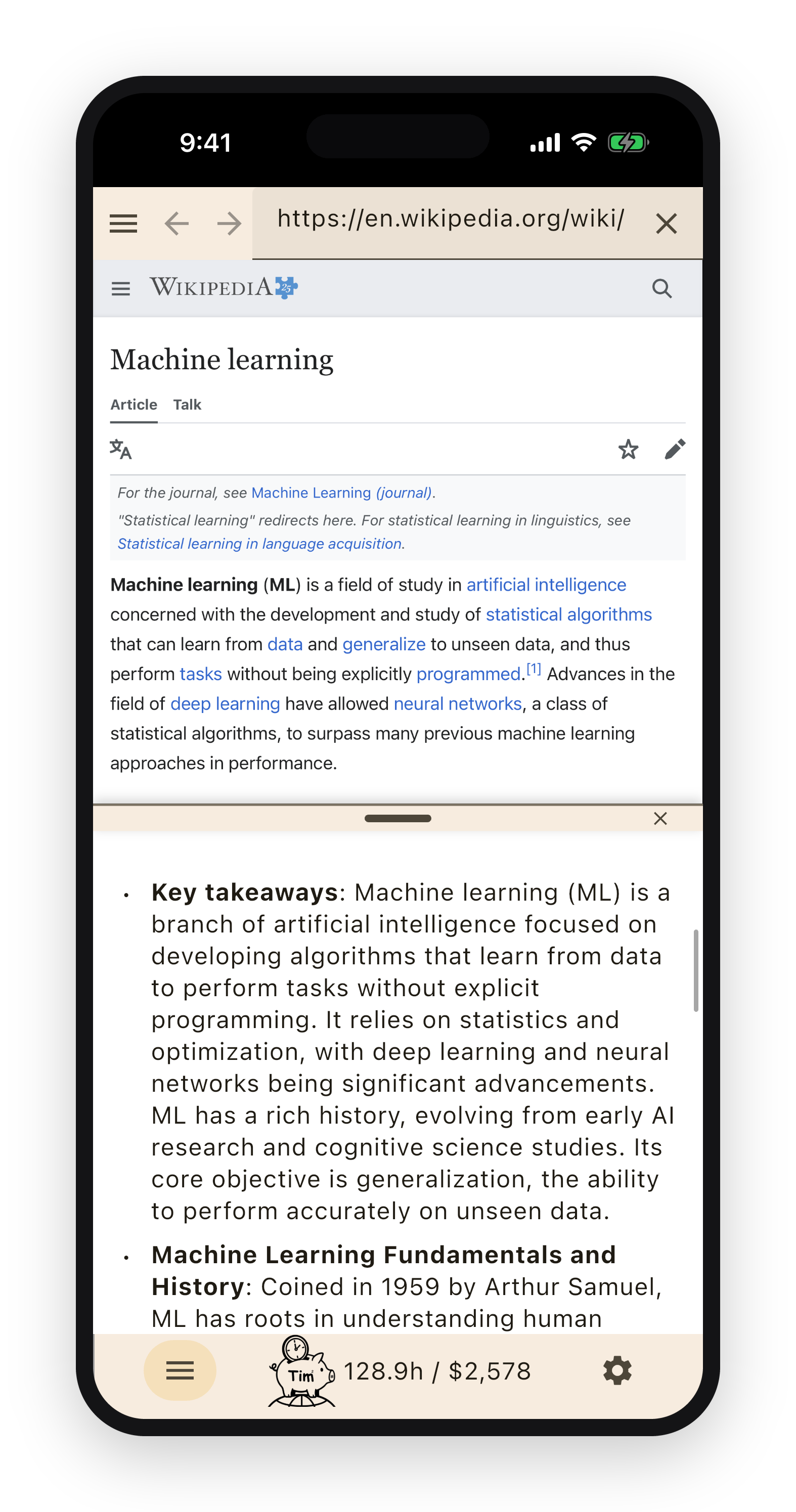 A Wikipedia article condensed into key takeaways in the TimTim Browser summary panel.
